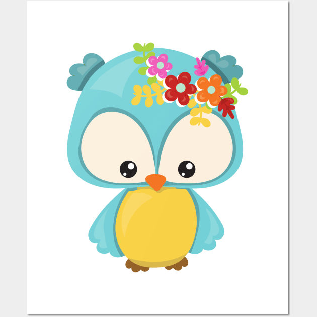 Spring Animals, Cute Owl, Little Owl, Flowers Wall Art by Jelena Dunčević